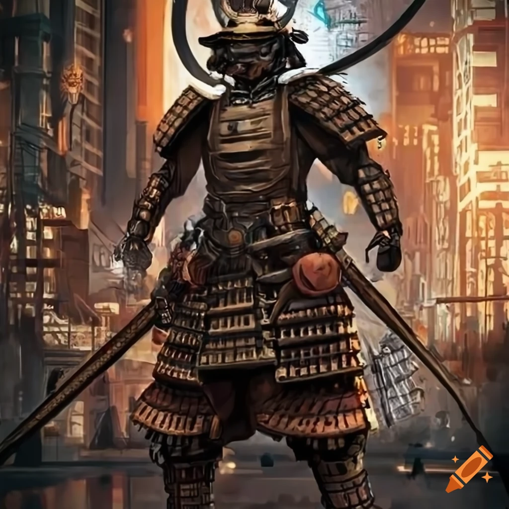 Samurai cyborg in a steampunk city