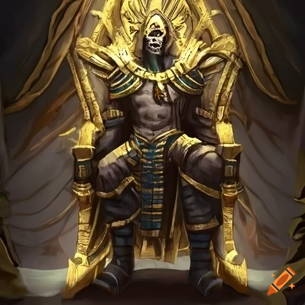 Wrathful pharaoh sitting on a throne wrapped in bandages