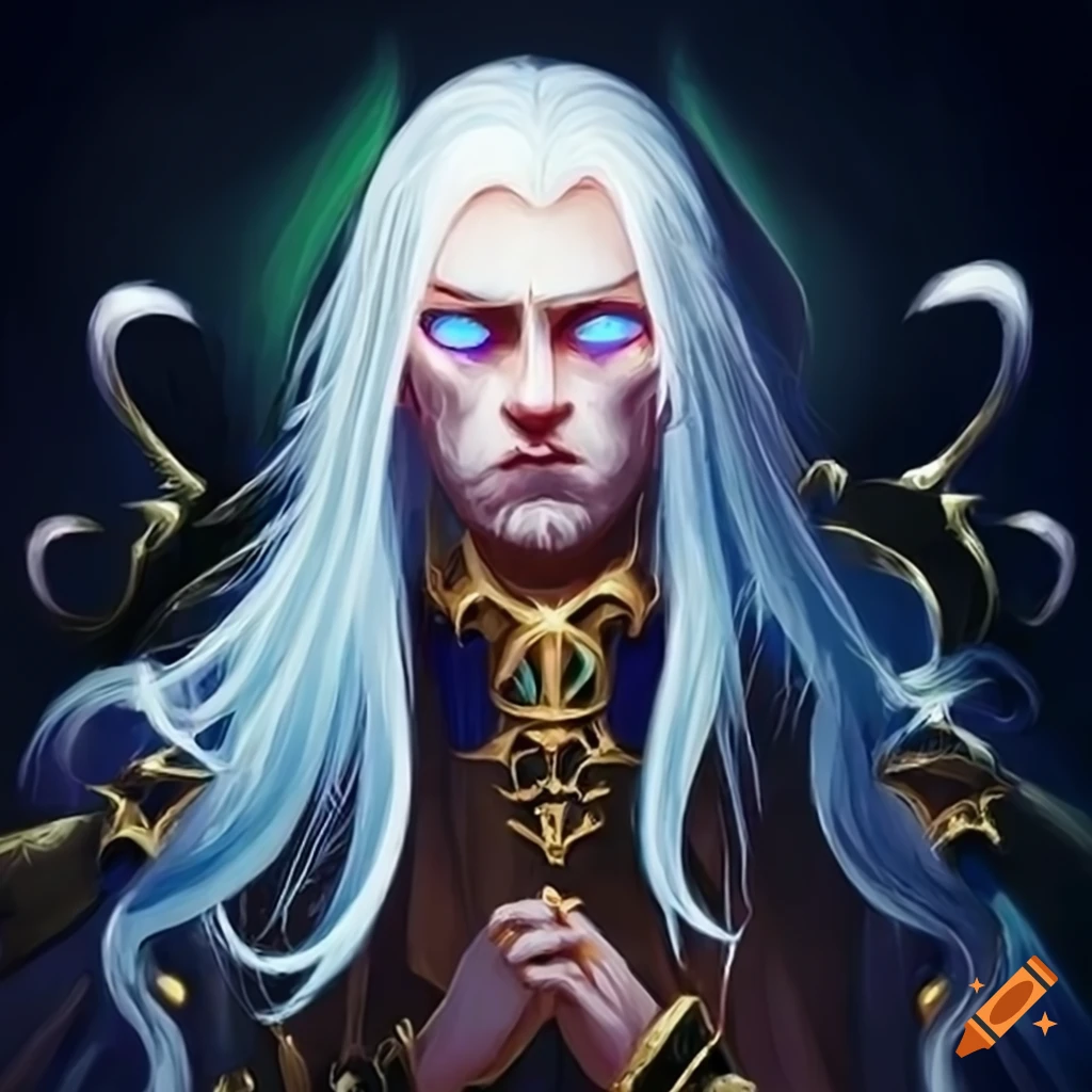 Tall elf with white hair in regal robes embodying the god of madness