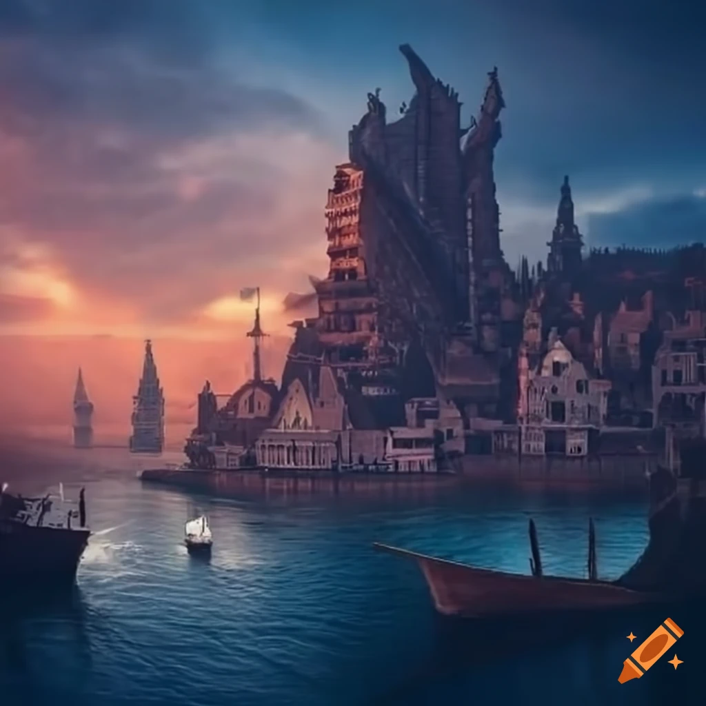 Fantasy city port with towers built into a tall cliff in a ravine