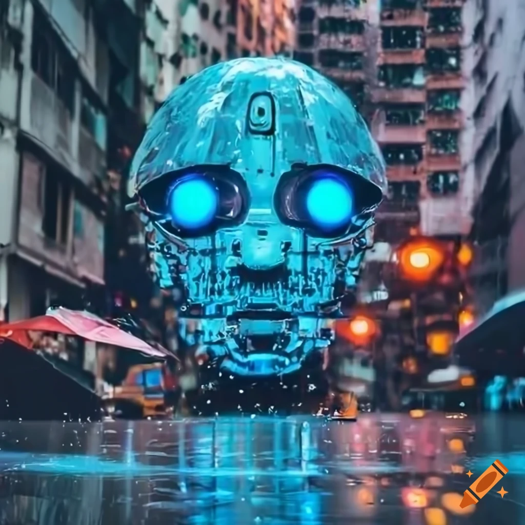 Empty rainy Hong Kong city street with blue cybernetic robotic face
