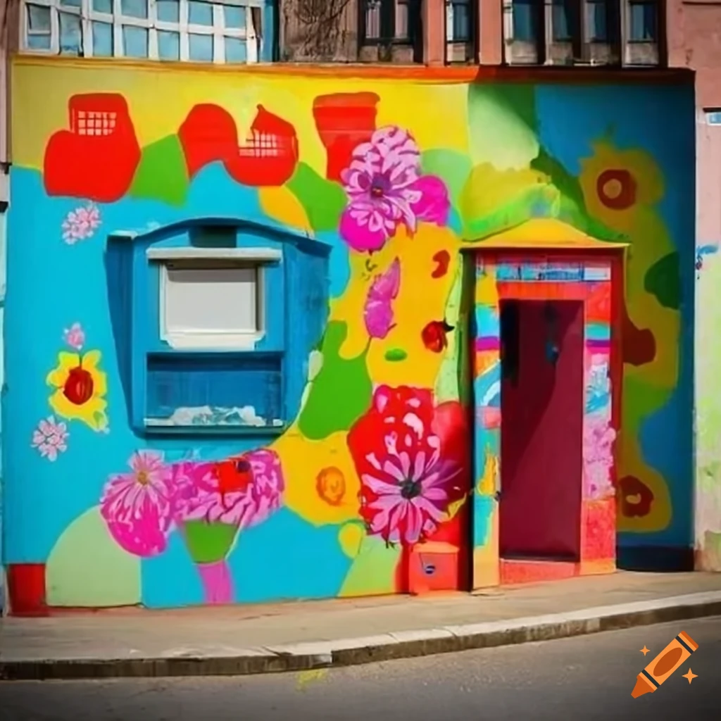 Colorful public toilet with a flower power mural and hippies outside