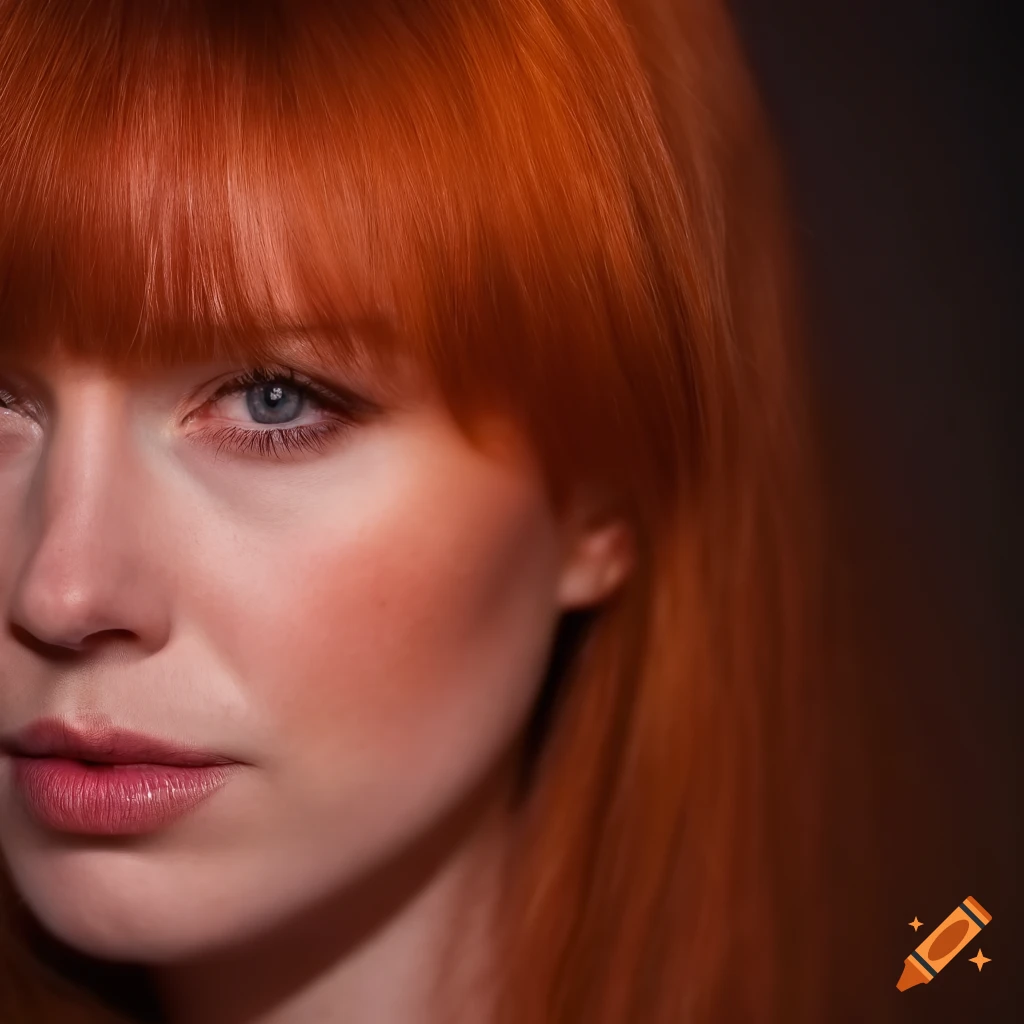 Close-up of a redheaded woman under a full moon with bangs hairstyle, high-quality rendering