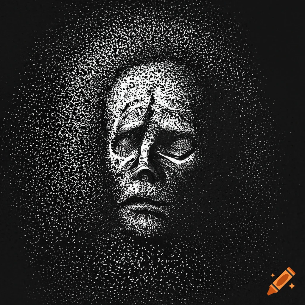 Surreal black and white stippling art of a man in despair
