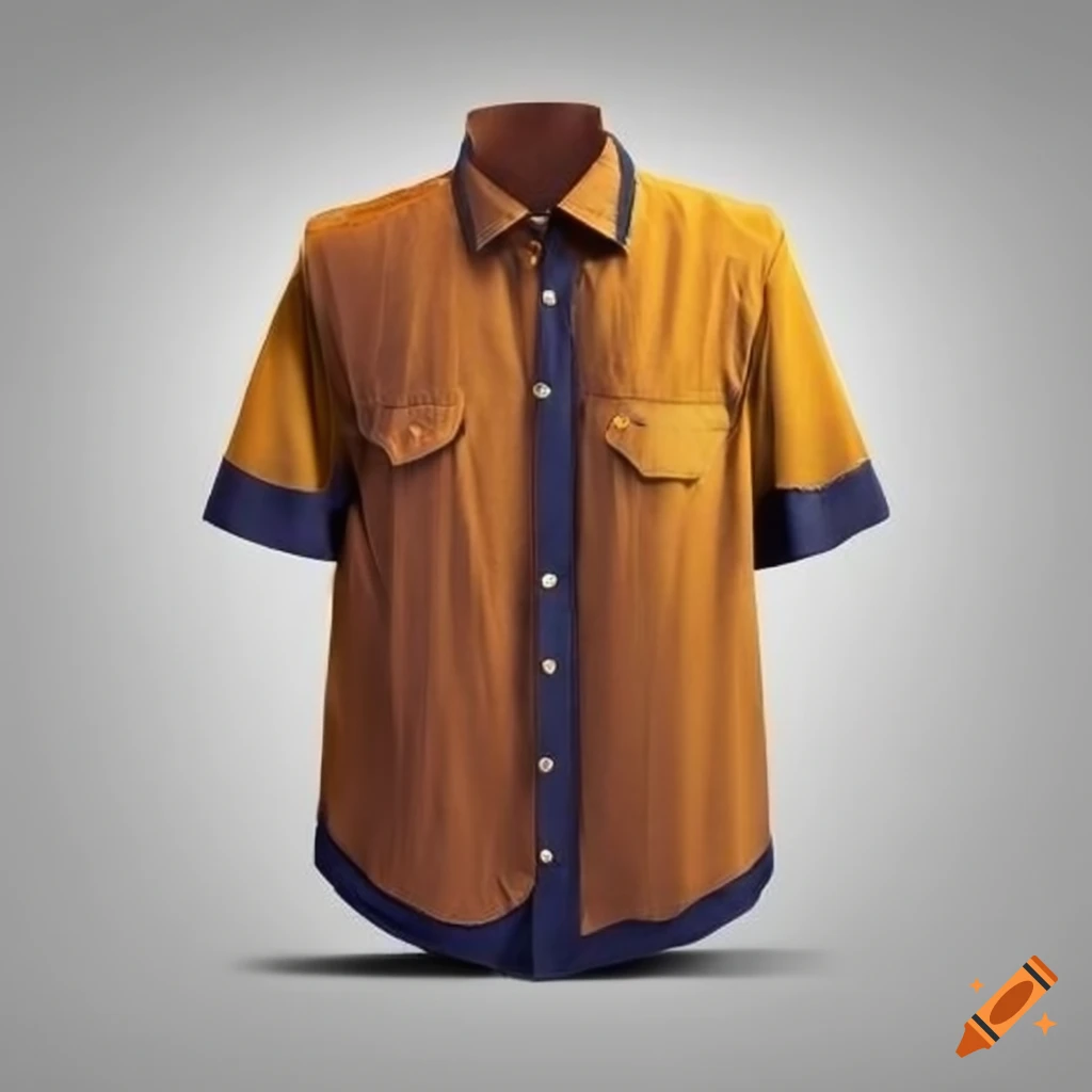 1980s style shirt in navy, mustard, and chestnut colors on a white background