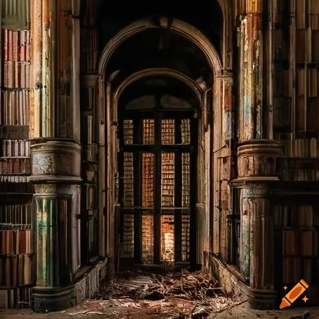 Abandoned library interior with books scattered around