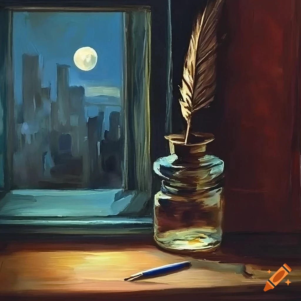 Pen and quill in ink jar on a desk by moonlit cityscape