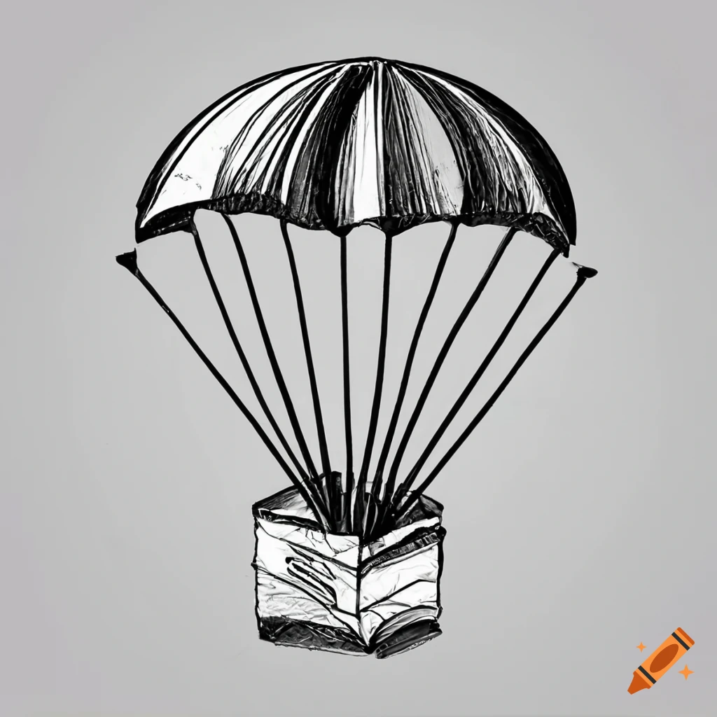 Cardboard box with parachute being dropped in black and white