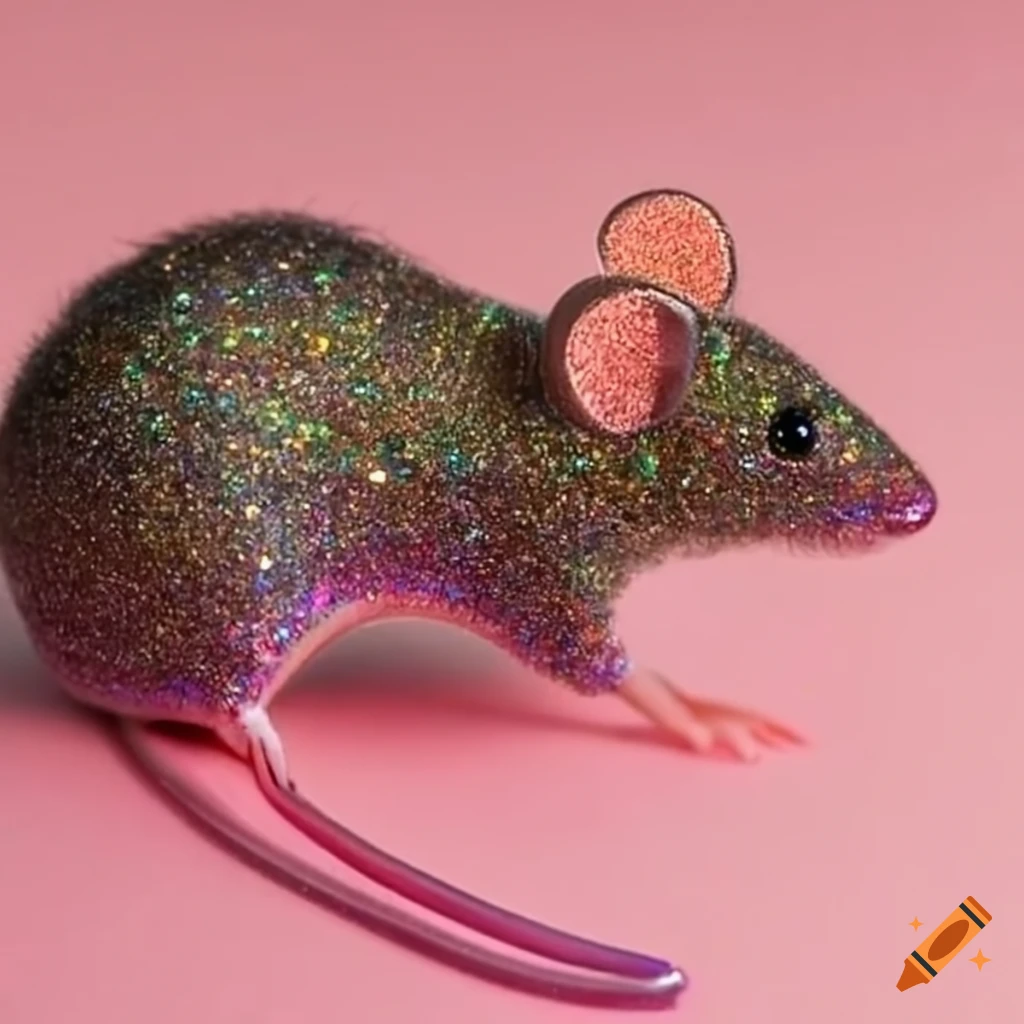 Mouse with rainbow glitter back, purple bristles, and black eyes