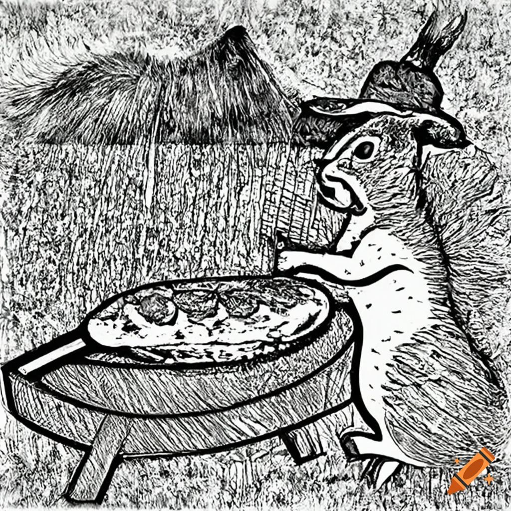 Cowboy squirrel grilling a steak in a field in an acid western style