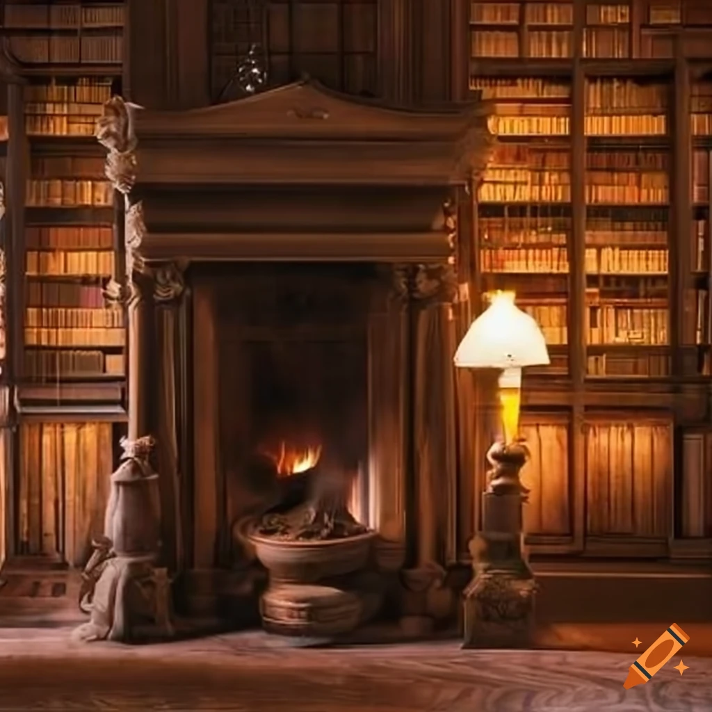 Cozy historic library with fireplace and comforting light