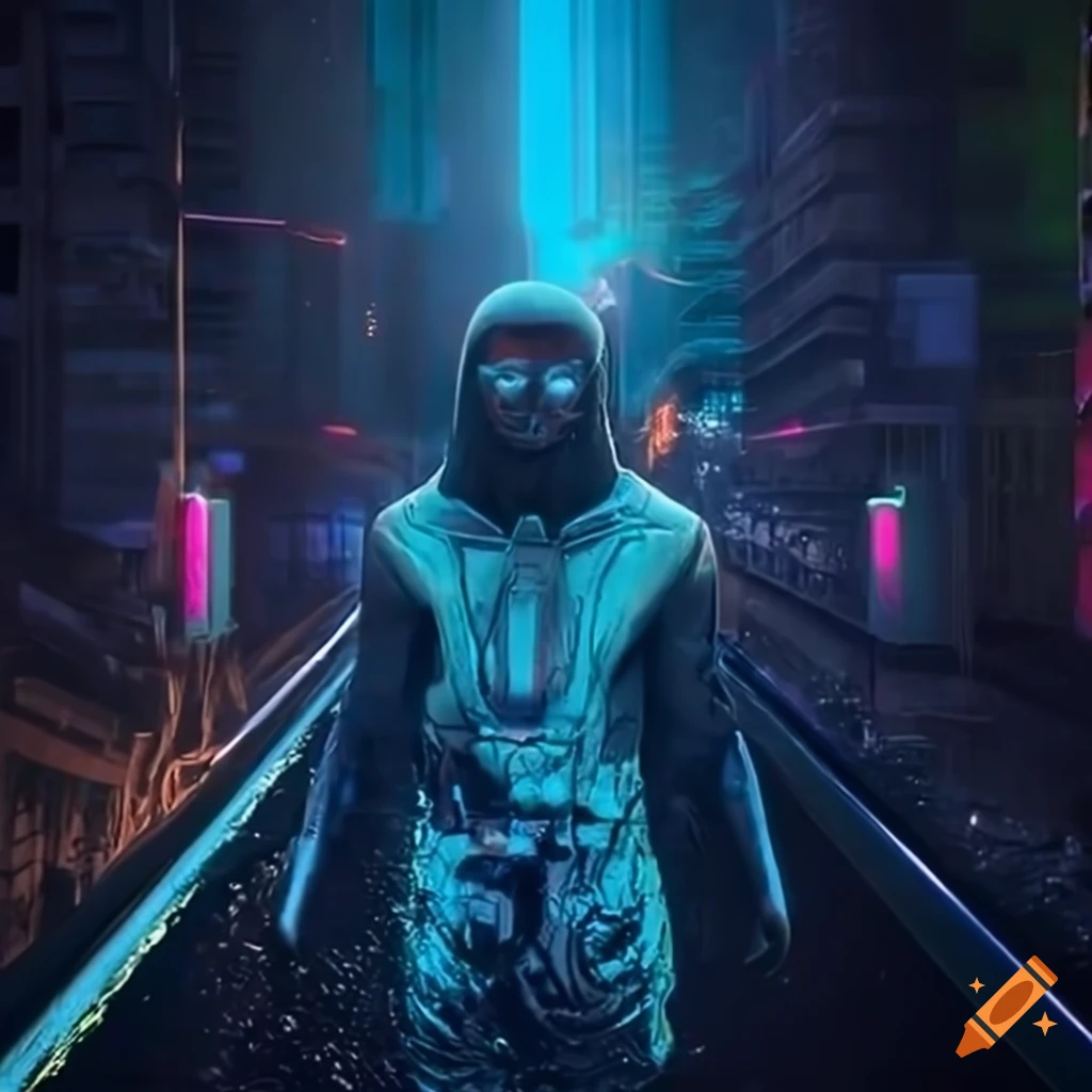 Sci-fi martian underground train art featuring a melting angel in a black balaclava with 80s lighting