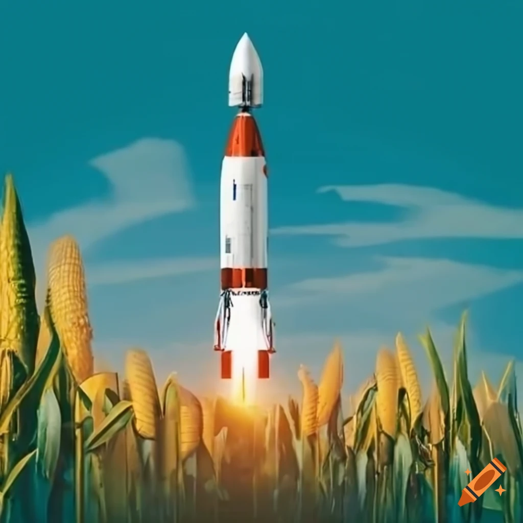 Atlas rocket launching with a cornfield background
