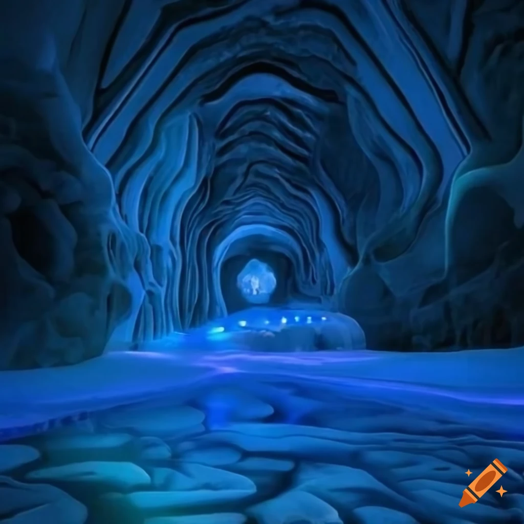 Alien city ice cave palace with dramatic blue glowing lighting on Craiyon