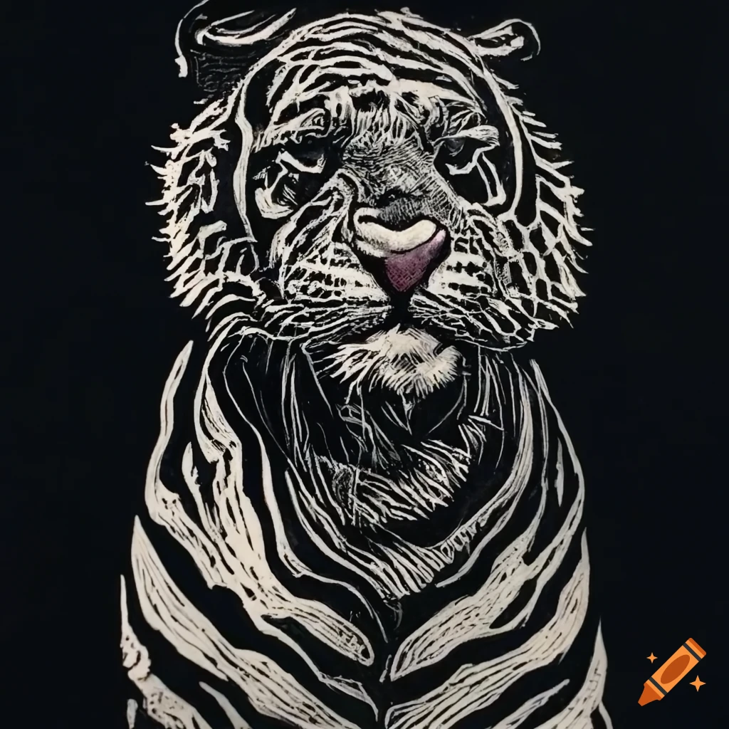 Mythical rock and roll tiger in detailed linocut art symbolizing compassion