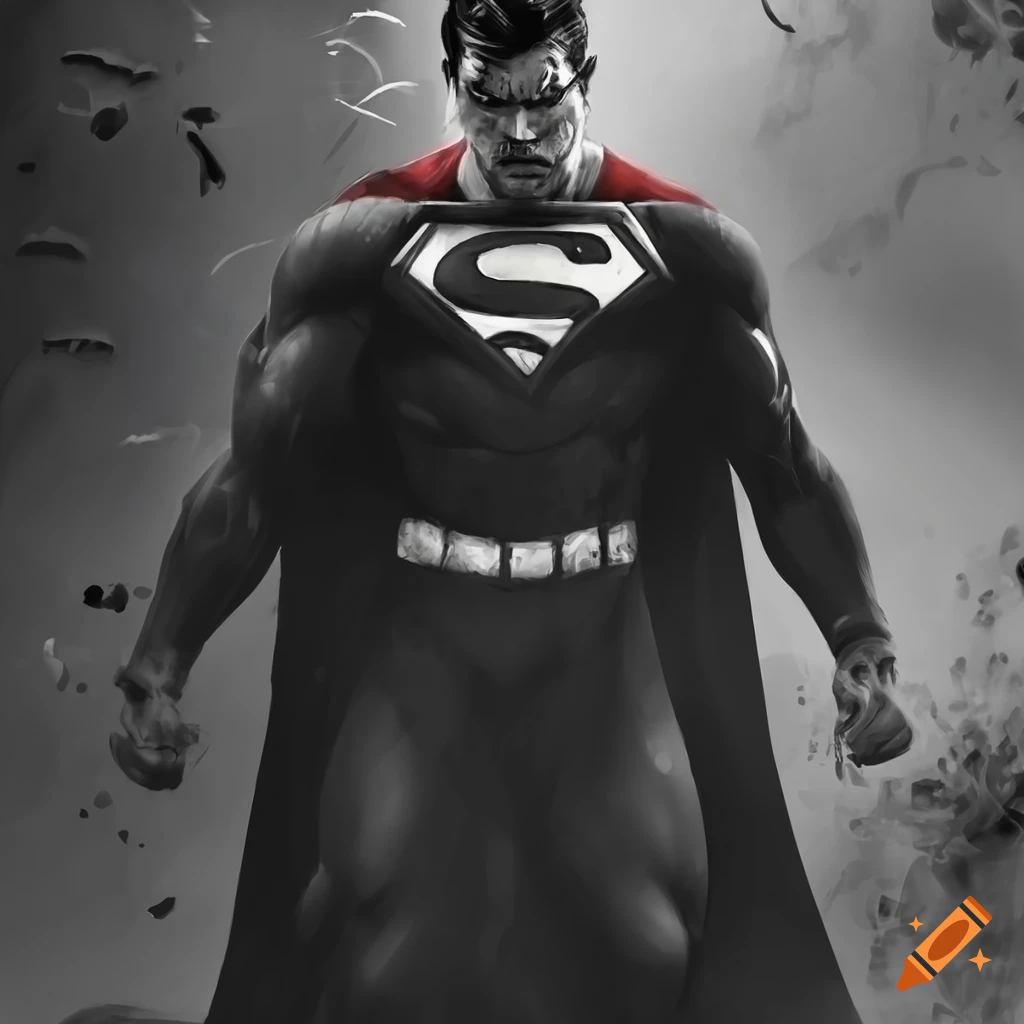 Superman with black and white man of steel logo in a gritty metallic art style