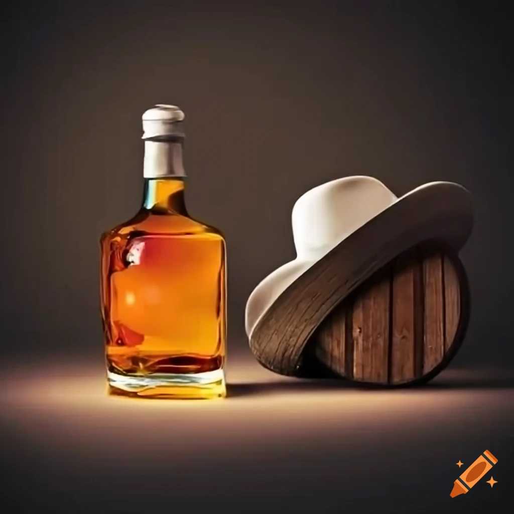 Whiskey bottle and barrel with a panama hat