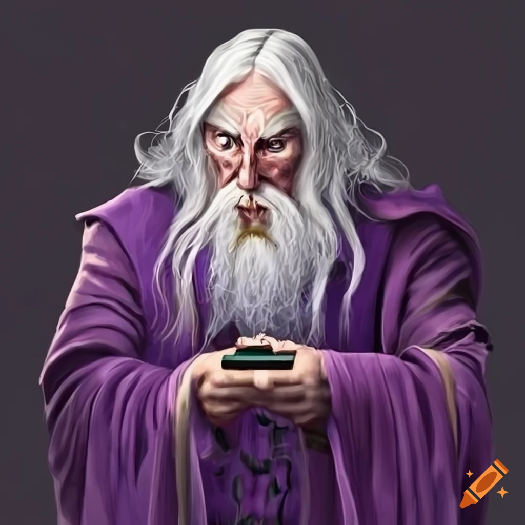 Fantasy wizard with long white beard and purple robes holding an NES ADVANTAGE joystick