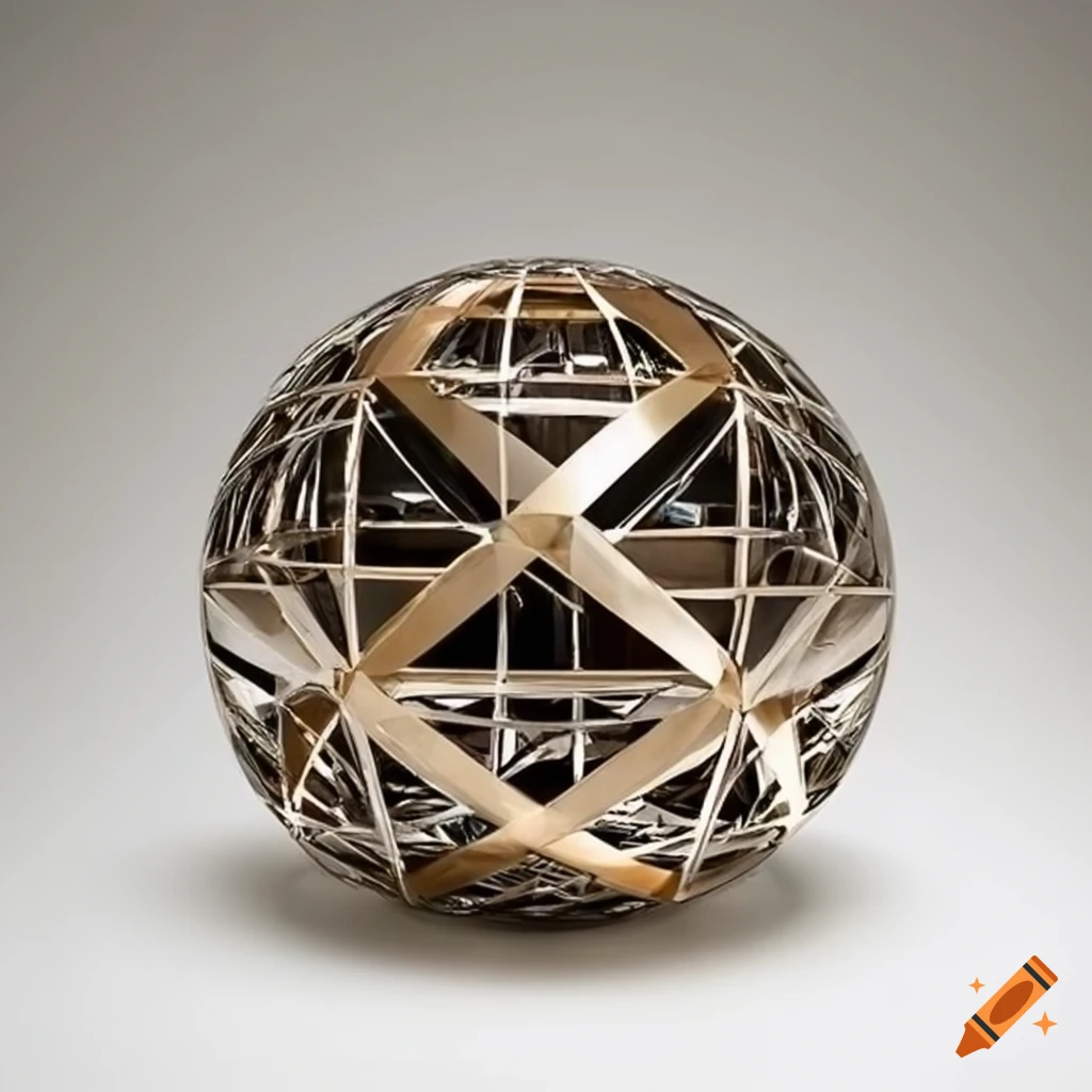 Futuristic floating spherical sculpture in precious metals with geometric symmetry