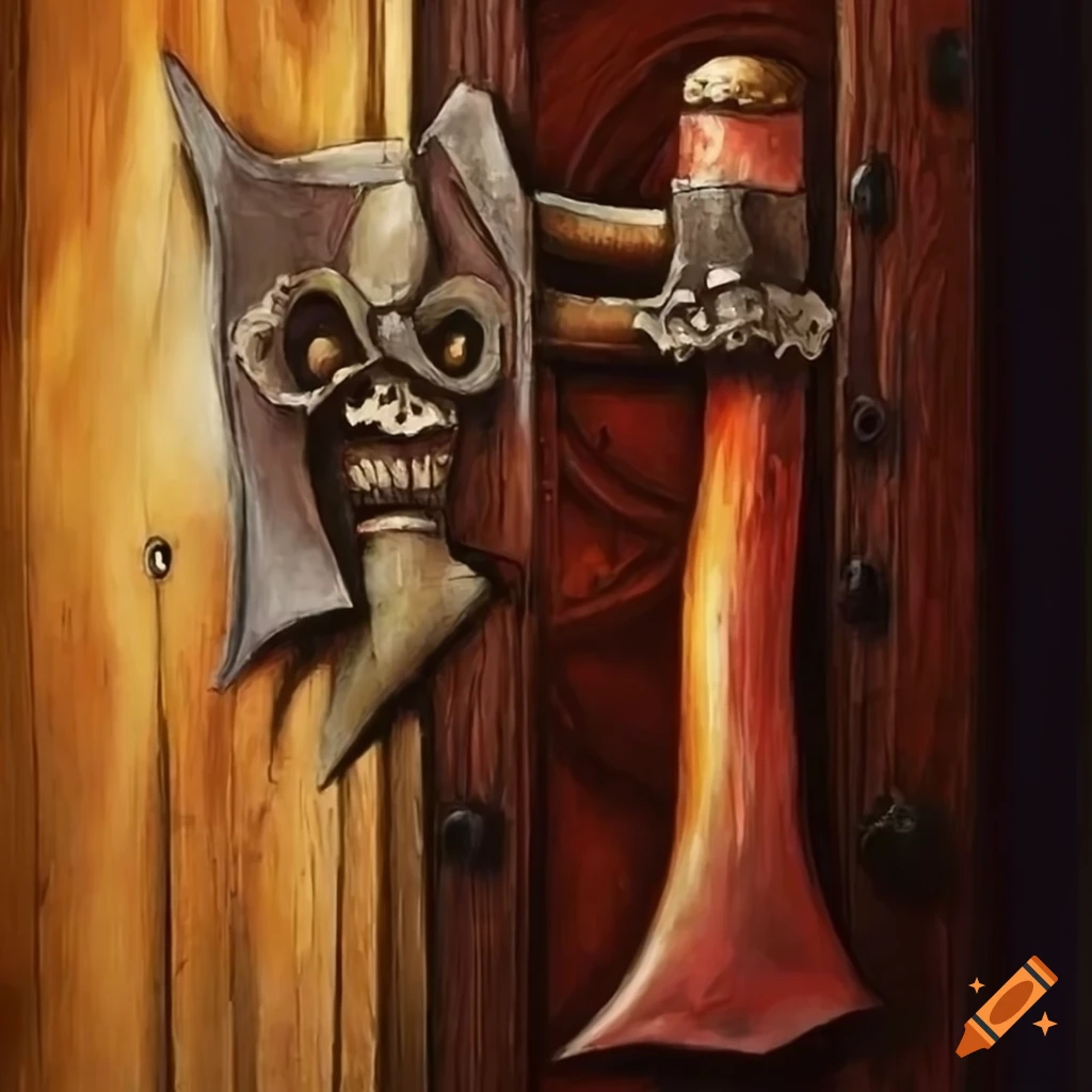 Traditional German painting of an axe hanging above a wooden door