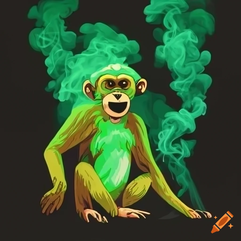 Monkey surrounded by toxic green smoke in a drawn style