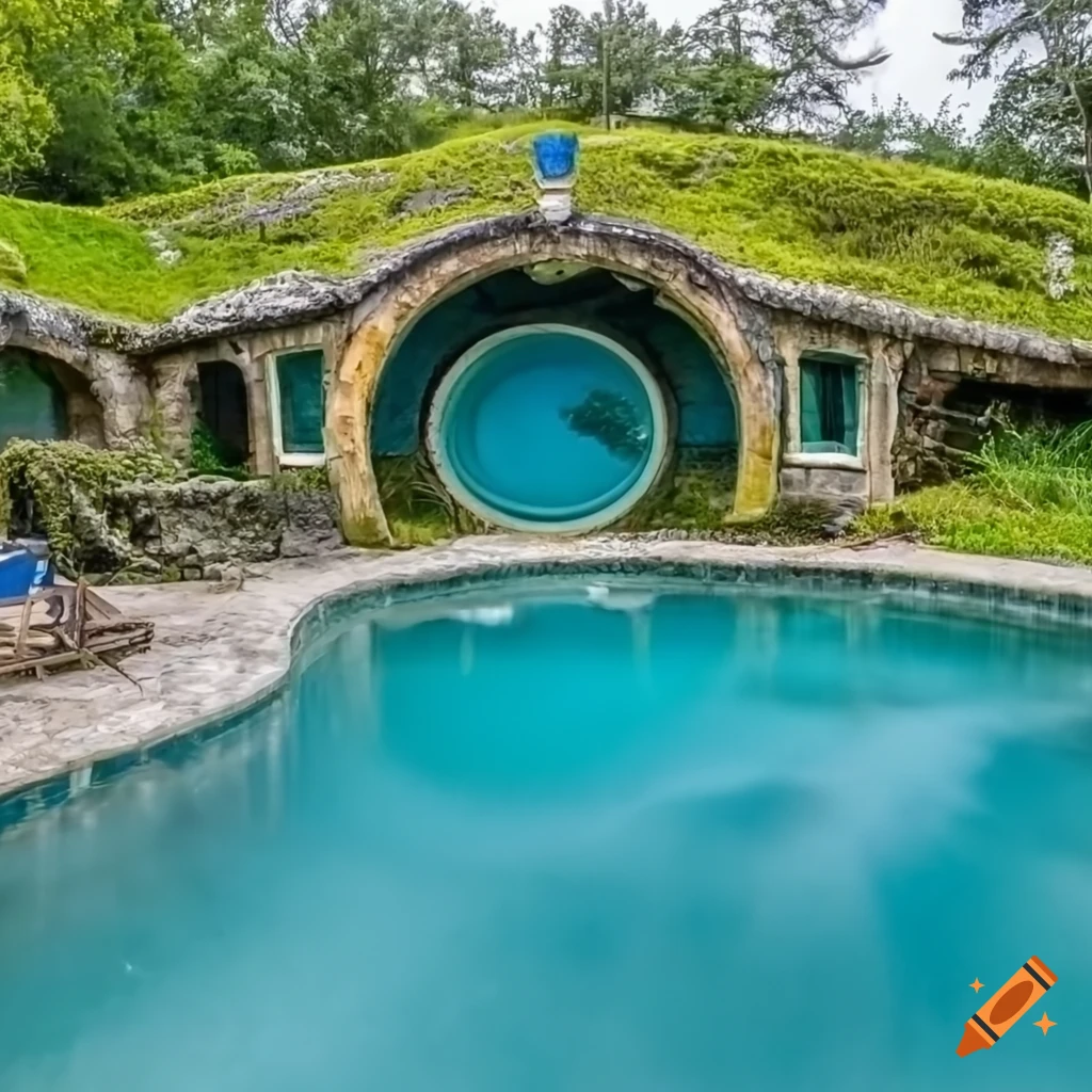 Mossy hobbit house with clear blue water pool and slide