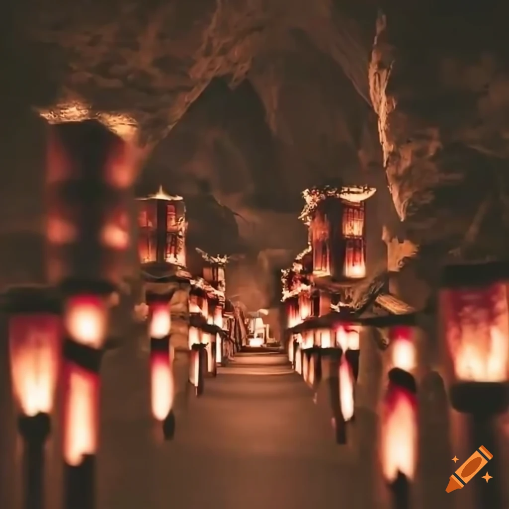 Dimly lit cave tunnel with traditional Japanese torches