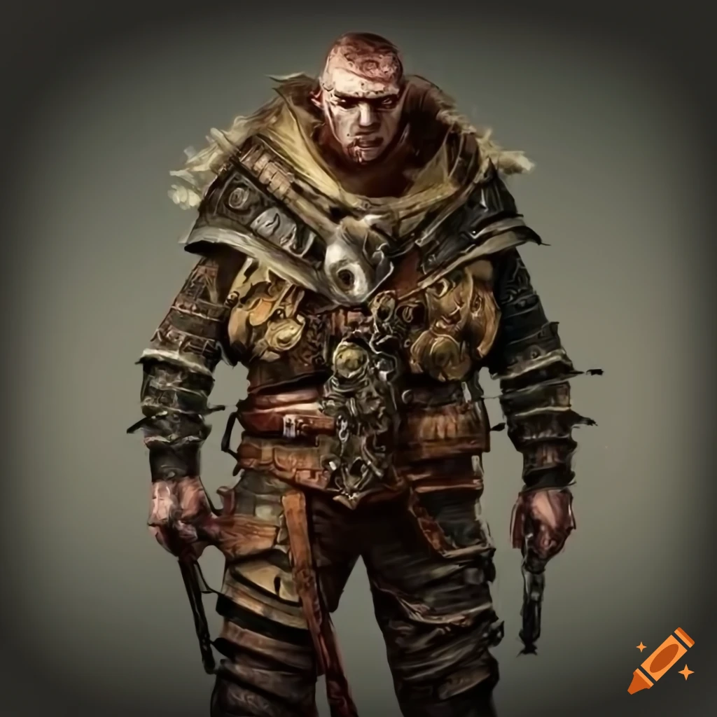 Champion warrior in post-apocalyptic attire with medal standing triumphantly