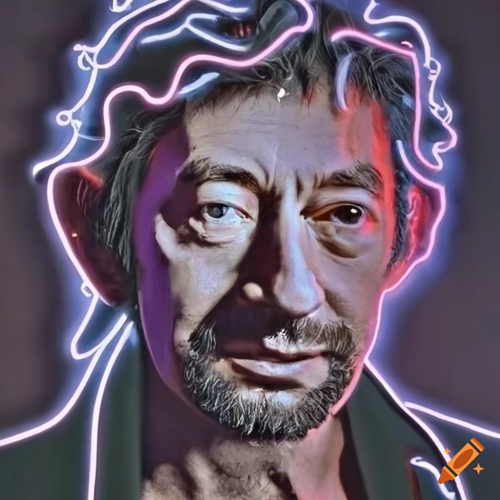 Portrait of Serge Gainsbourg in neon lights, high definition