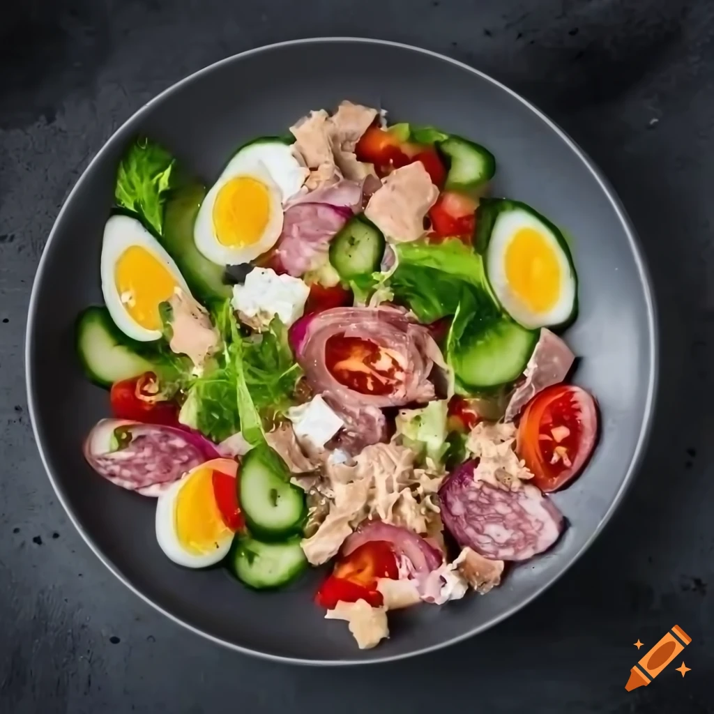 Colorful salad with tomato, Greek cheese, salami, tuna, paprika, egg, cucumber, and olive oil on black background