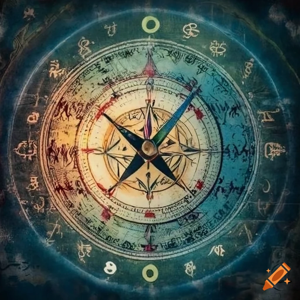 Esoteric aged map held up on a wall with compass