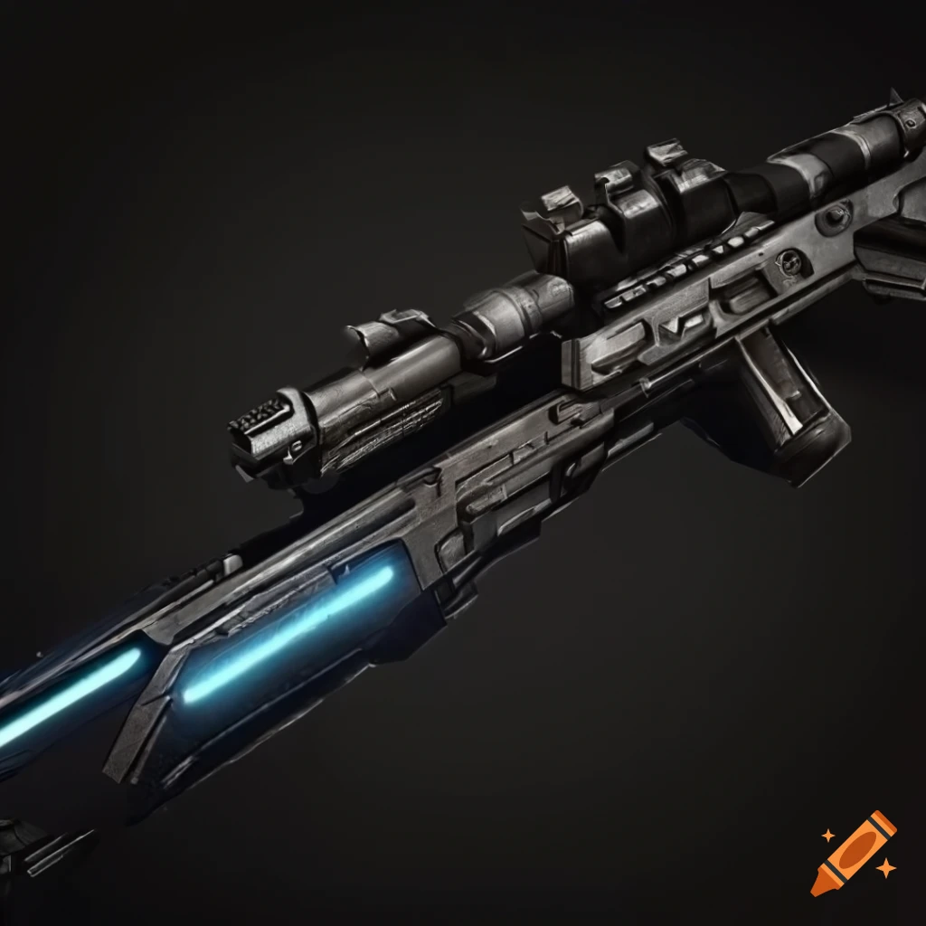 Sci-fi rifle with detailed specifications like in a catalog