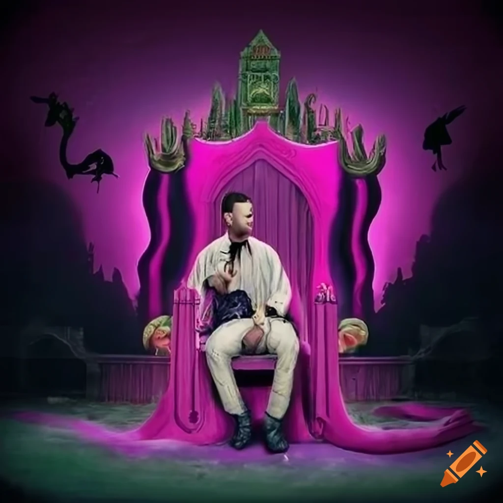 Chilling music poster with man on pink throne in dungeon with eerie pink trees