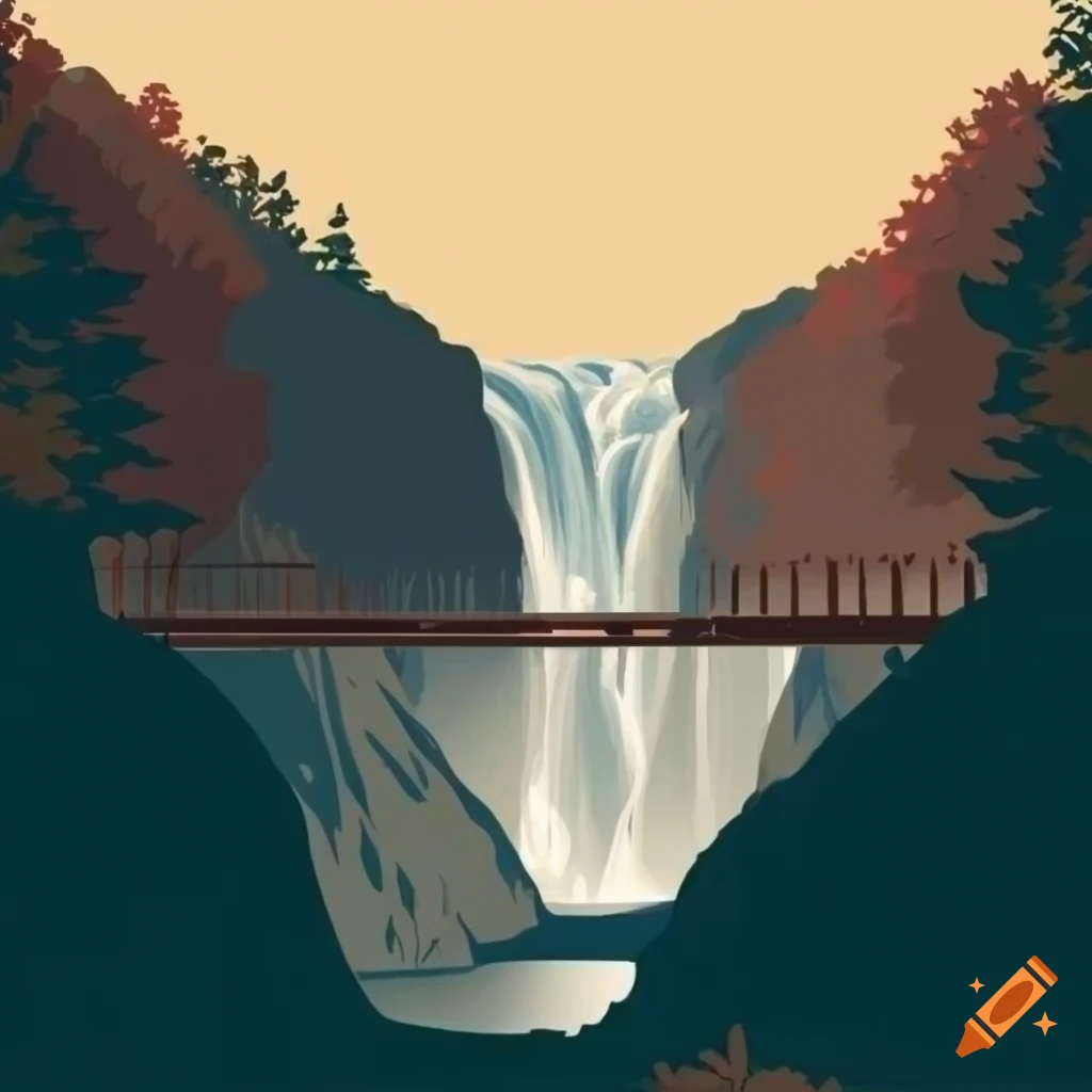Vector art of Letchworth State Park falls with a bridge in neutral tones