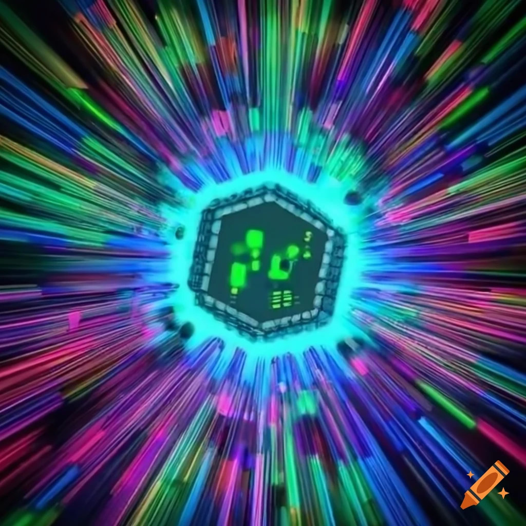 Wide network internet node with CPU in blue and green colors with speed flare