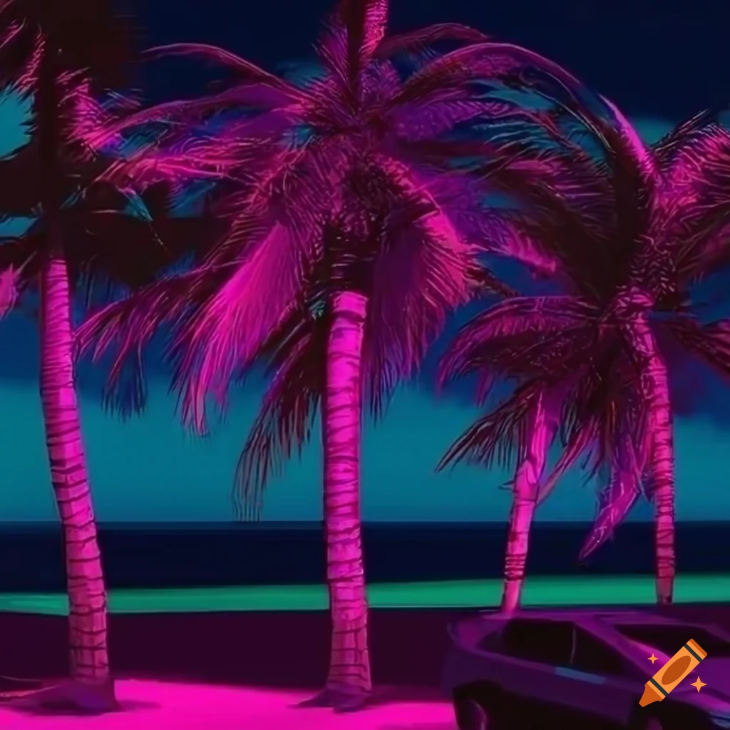 Vice City Rockstar Games Vaporwave retro 80s beach with palm trees
