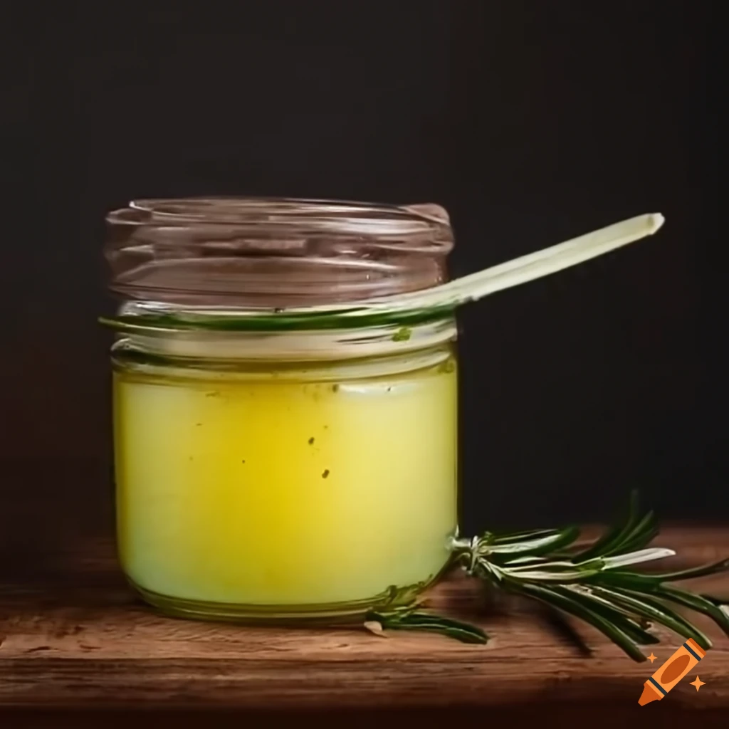 Glass jar filled with ghee and rosemary herbs