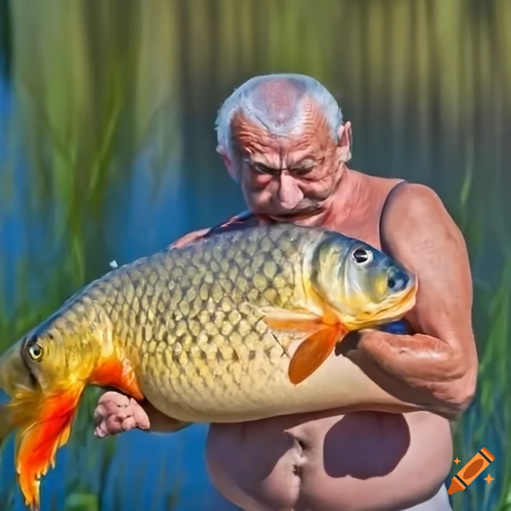 Smiling older man with a big carp fish by the water