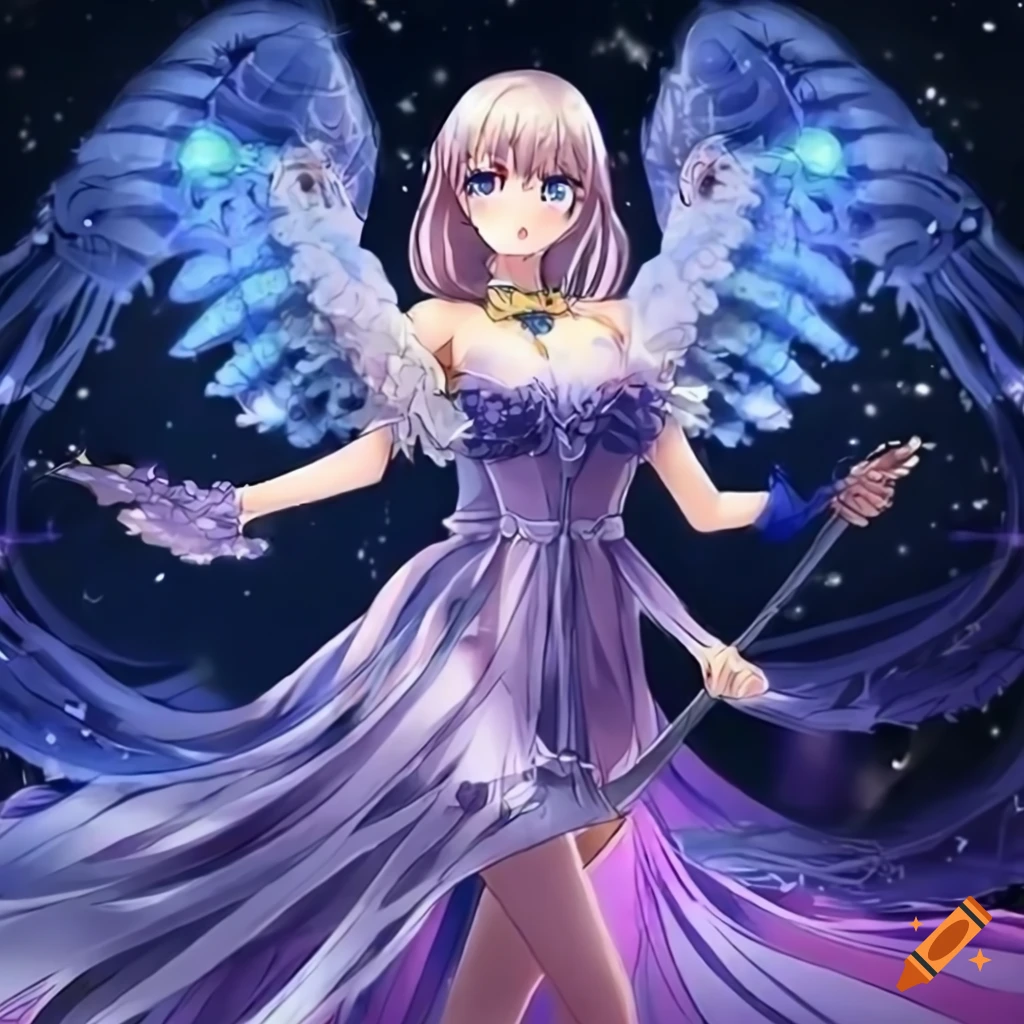 Anime mother with angelic, joyful, romantic energy under a starry night sky