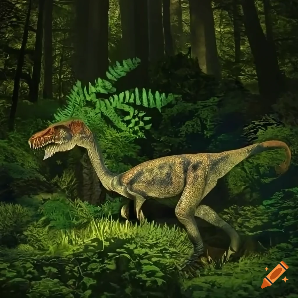 Hypsilophodon dinosaurs in a cedar forest among ferns and moss