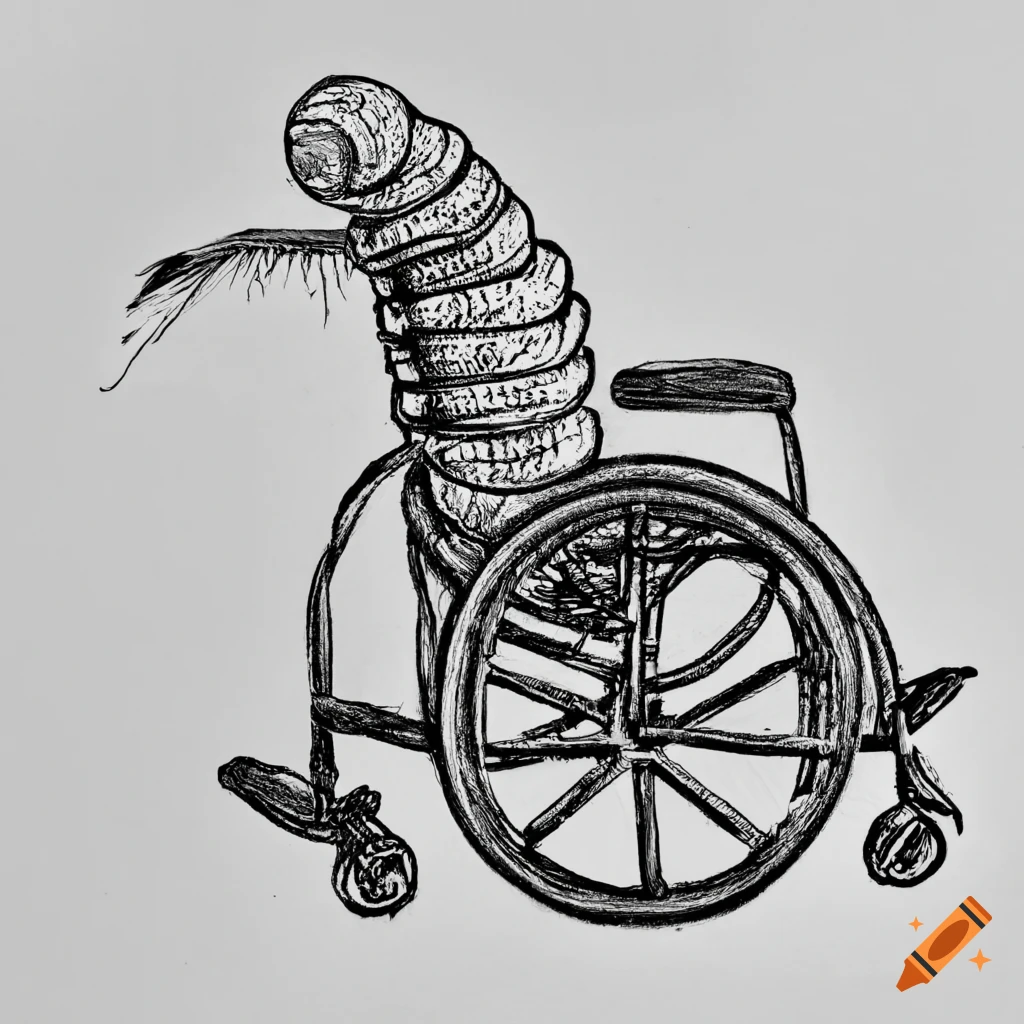 Anamorphic maggot in a wheelchair graphic drawing