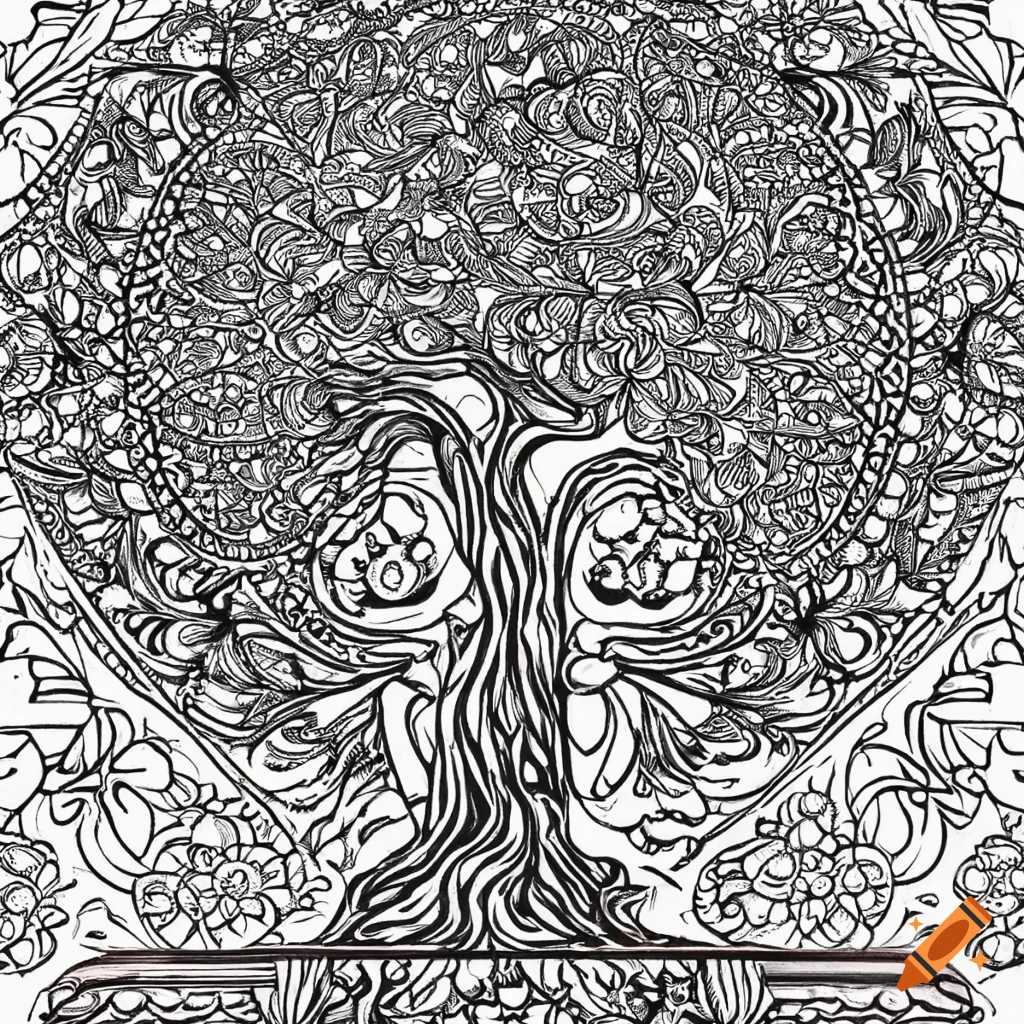 Intricate ancient bonsai tree coloring page with mandala-inspired decorations