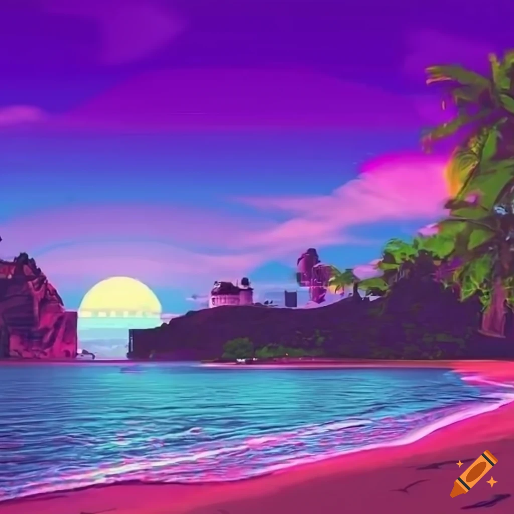 Vice City beach with palm trees in retro 80s vaporwave style