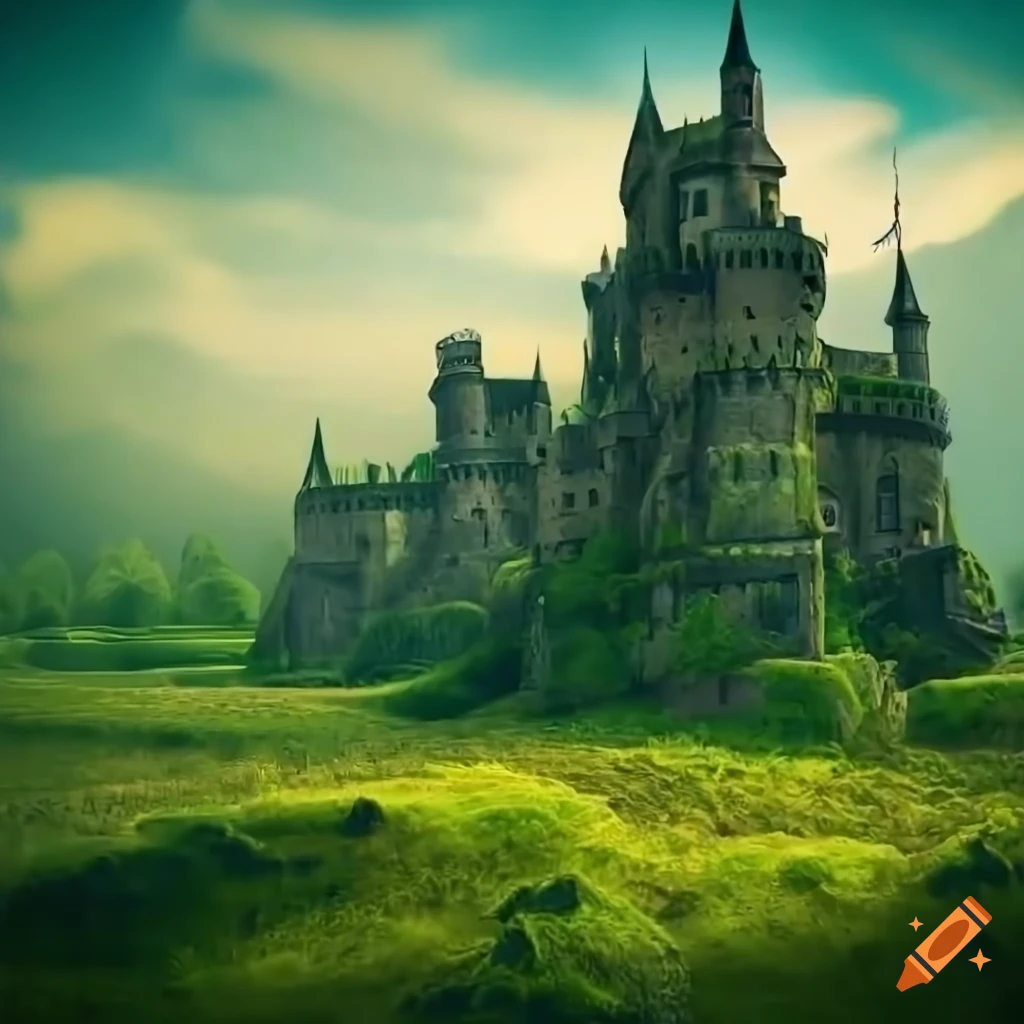 Detailed old fantasy castle with overgrown mystical garden and forestry mountains in the background