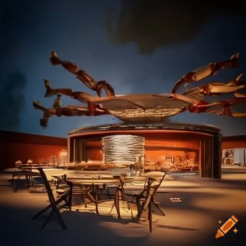 Exterior design of a seafood restaurant shaped like a crab with minimal lighting
