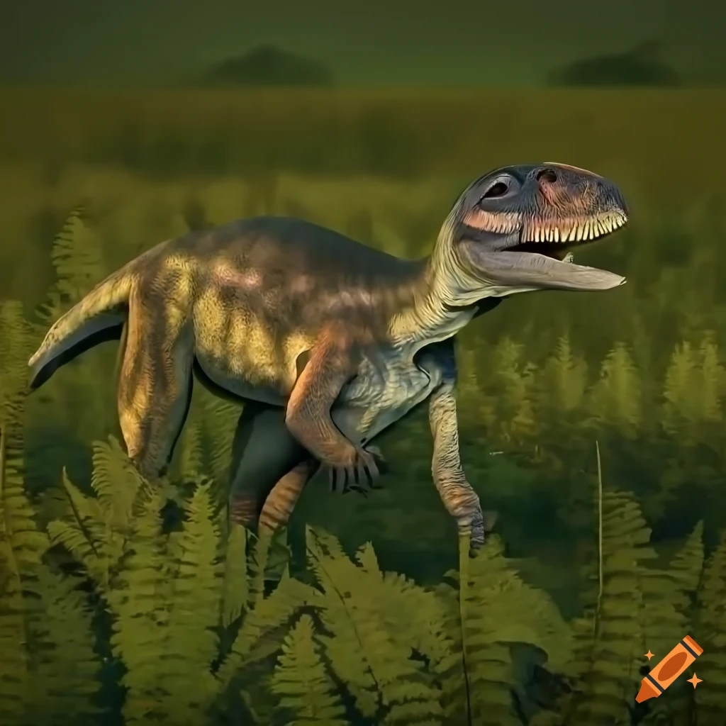 Hypsilophodon dinosaurs in a fern prairie with forest in the background