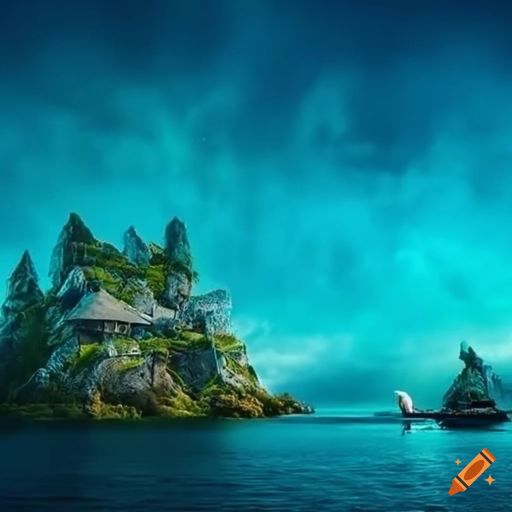 Beautiful island nation Eldoria in the Emerald Sea with green landscapes and clear blue waters