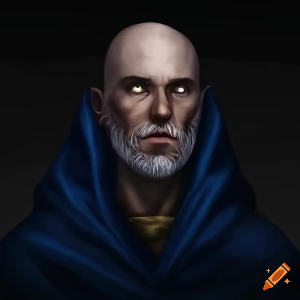 Male portrait with white eyes, gray beard, scar, in a sorcerer robe