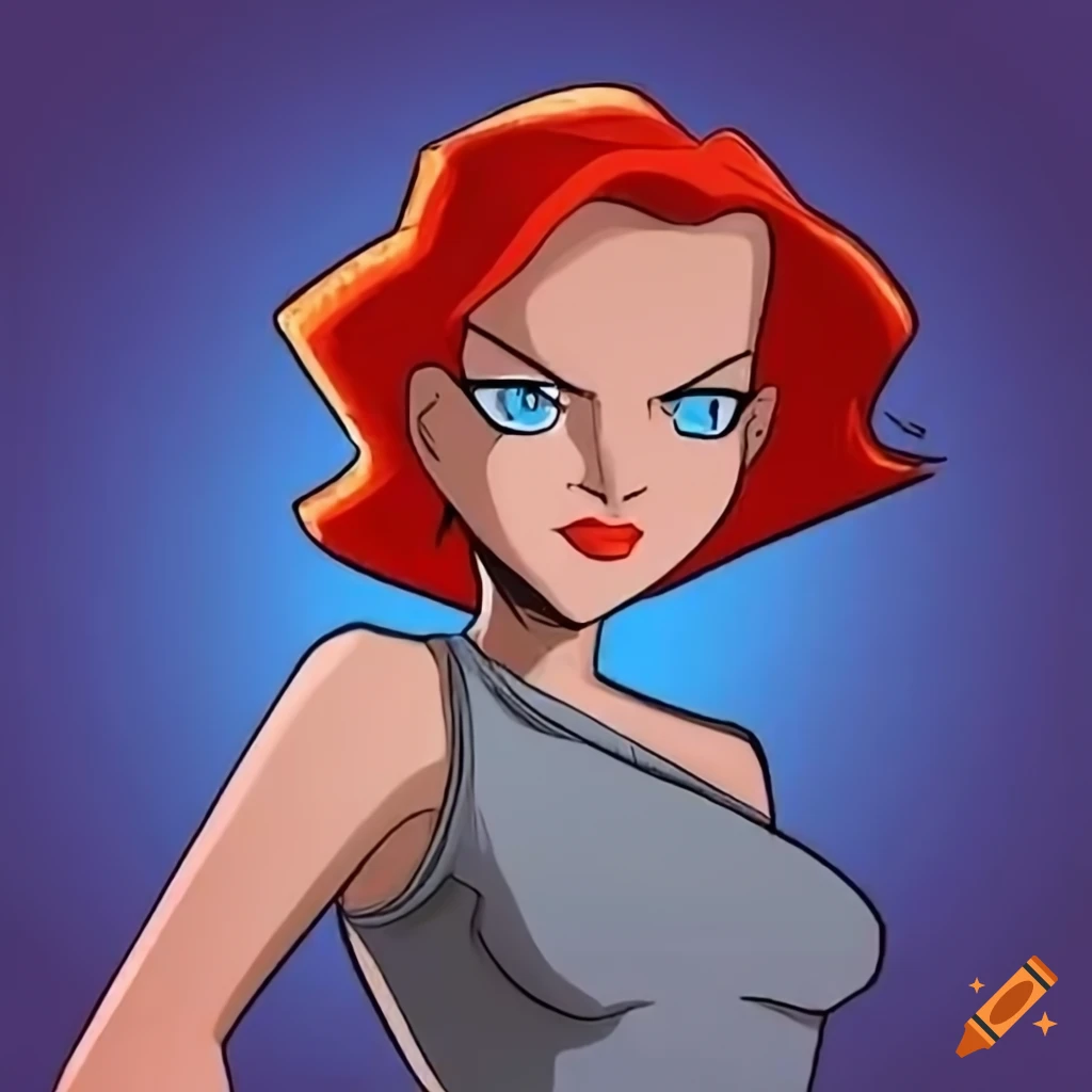 Barbara from Batman animated series with red hair and ice-blue eyes laying in bed
