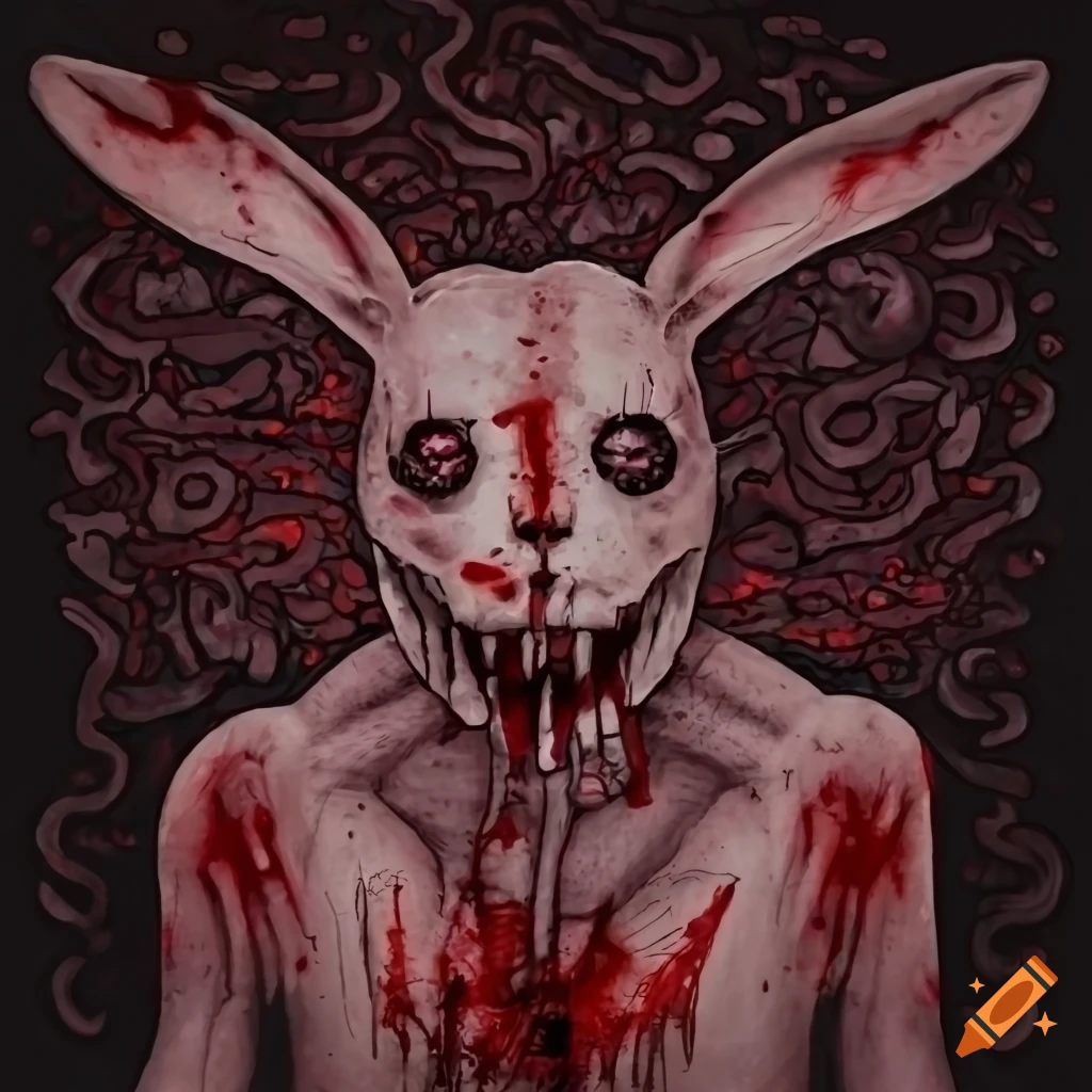 Creepy humanoid rabbit in deathcore album cover style inspired by hp ...